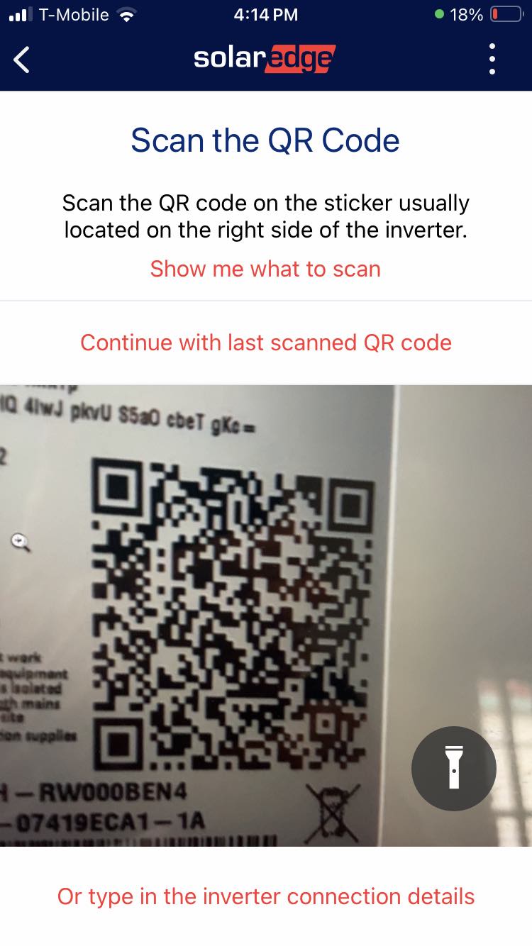 QR code scanner on MySolarEdge app